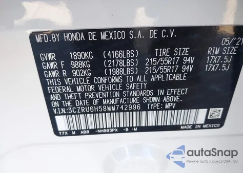 2021 Honda Hr-V Awd Ex from USA, damaged, VIN 3CZRU6H58MM742996